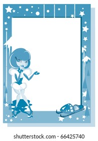 Frame with Santa Claus and scooter - color illustration. Nature Background, white space for text