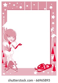Frame with Santa Claus and scooter - color illustration. Nature Background, white space for text