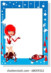 Frame with Santa Claus and scooter - color illustration. Nature Backgound, white space for text