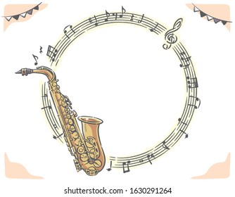 Frame with saxophone and abstract music notes. Vector illustration.