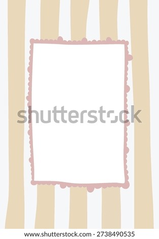 Frame with scalloped border centered on vertical stripe backdrop, large copy area for text or photo. Concept of invitation, announcement, template, and message space. Cartoon vector illustration.