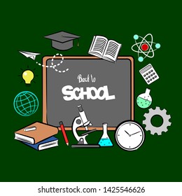 Frame as the school board with items for school.illustration on green background. - Vector 