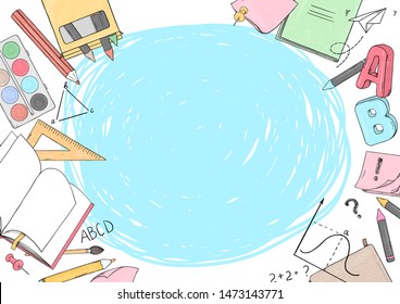 Frame with school stationery. Colorful vector illustration in sketch style. Hand-drawn. Template. Mock up. Horizontally.