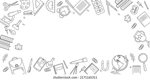 Frame for school supplies. Back to school sale square banner template. Sketchy background with hand drawn school supplies. Pen, globe, backpack, ruler, book, brush. Doodle vector illustration
