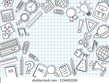Frame with school supplies on checkered background. Vector illustration