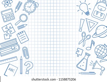 Frame with school supplies on checkered background. Vector illustration