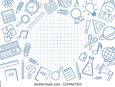 Frame with school supplies on checkered background. Blue color. Vector illustration