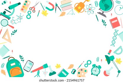 Frame for school supplies, stationery , tools, items. Horizontal banner template. Back to school concept for websites and promotional materials. Sale of leaflets, advertising. Vector illustration