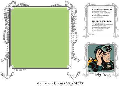 Frame for scrapbook, banner, sticker and other design. Suitable for web, social network and online store. Vector illustration. Marine theme.