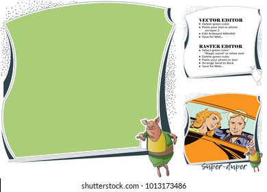 Frame for scrapbook, banner, sticker and other design. Suitable for web, social network and online store. Vector illustration. Super-duper pig.