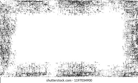 Frame with Scratch Black and White Distress Grunge Brush Texture. Distressed Grungy Border Design. Frame with Overlay Rust Metal Texture. Noise Fashion Banner Design Background.