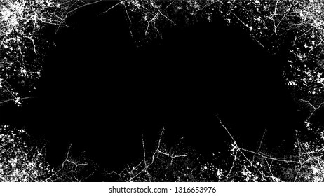 Frame with Scratch Black and White Distress Grunge Brush Texture. Distressed Grungy Border Design. Frame with Dirty Cracked Wall Texture. Monochrome Art Design Element.