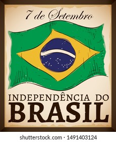 Frame with scroll and Brazil flag drawing in it and reminder date to celebrate Brazil Independence Day (written in Portuguese) this 7th September.