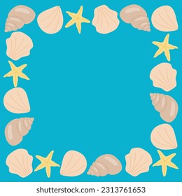 Frame with sea shells and sea stars, flat vector