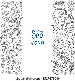 Frame from seafood doodle on white background. Vector illustration. Perfect for menu or food package design.