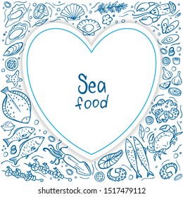 Frame from seafood doodle on white background. Vector illustration. Perfect for menu or food package design. Heart frame composition.