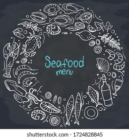 Frame of seafood set on chalckboard. Vector illustration. Perfect for menu or food package design.	