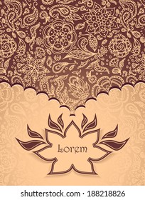 Frame with Seamless abstract floral pattern, flowers, petals, leaves, seeds, plants in brown gold