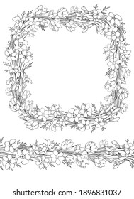 Frame and seamless border of wildflowers. Line art. Decorative isolated element for design.