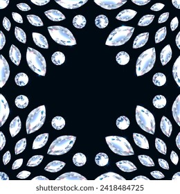 Frame - seamless pattern of diamonds. Gemstones in the shape of a flower. Jewelry for birthday, anniversary, christmas, valentine's day. 3D realistic neon illustration. On a black background vector.