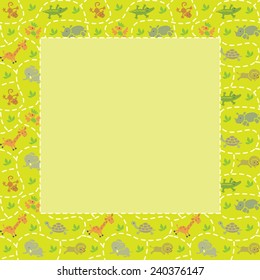 Frame with seamless pattern of funny running african animals in savannah. Children vector illustration