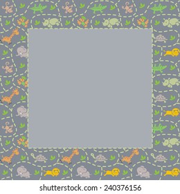 Frame with seamless pattern of funny running african animals in savannah. Children vector illustration