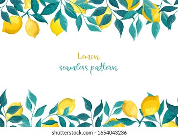 Frame, seamless pattern of lemons and leaves with flowers on a white background. Summer illustration, copy space.