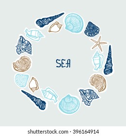 Frame with seashells, starfish. Sea. Hand drawn.