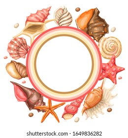 Frame with seashells. Tropical underwater mollusk shells decorative illustration.