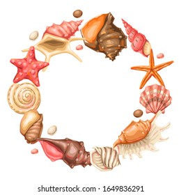 Frame with seashells. Tropical underwater mollusk shells decorative illustration.