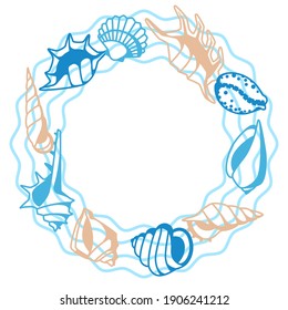 Frame with seashells. Tropical underwater mollusk shells decorative illustration.
