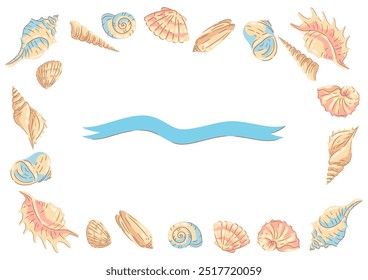 Marco con conchas marinas. Ilustración de conchas de moluscos submarinos tropicales.