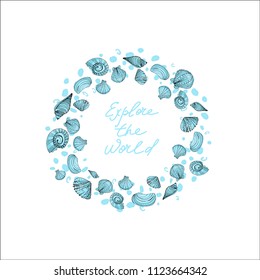 Frame of seashells. Vector illustration. Hand drawn border with seashells.