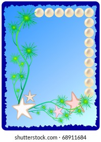 Frame from seaweed, pearls and sea stars
