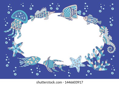 Frame with a set of abstract sea fish, starfish, coral, seahorse, jellyfish, seaweed on blue background
