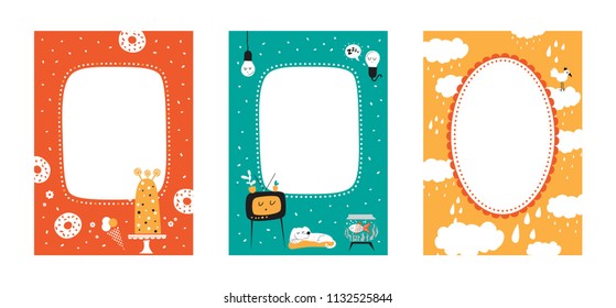 Frame set for baby's photo album, invitation, note book or postcard with cute animals in cartoon style and elements. Cute frame, border. Cake, star, dog, fish, cloud, heart, bird. Vector illustration