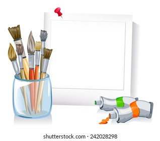 frame with a set of brushes, paints. vector illustration