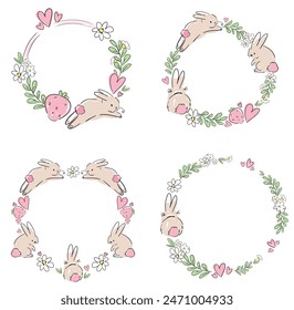 Frame set of cute hand Drawn bunny and flowers, vector design templates. Cute rabbit frame 