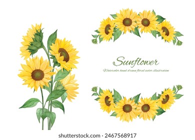 Rahmenset mit handgezeichneten Aquarell-Sonnenblumen verziert