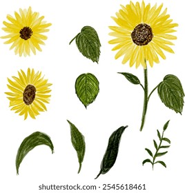 Frame set decorated with hand-drawn watercolor sunflowers