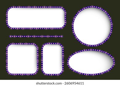 Frame set icon. Various glowing shapes with lightbulb borders on dark background for promotion, signage, announcement, digital design, advertisement, visual highlight.
