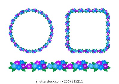 Frame set  including round, square frames and border. Floral templates with blue and purple flowers isolated on a white background. The center of frame is free for your inscription. Flat style. 