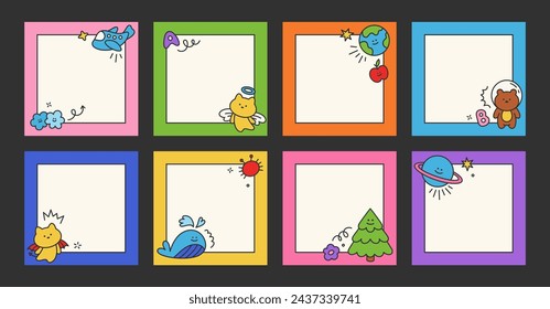 Frame set of kid cute sheets with childish elements. Simple scribble vector elements of social media post with dog, planet, star, pencil, cloud, flower, frame, arrow, stroke. Children post template.