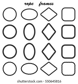 A frame set made of braided rope isolated on white background. Frame in the shape of a circle, oval, rhombus, square
