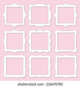 Frame set on polka dot seamless background. Cute elements for scrapbook design.