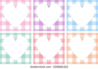 Frame set in pastel colors - red, orange, green, blue, pink, purple, yellow, blue. Vector cute colorful background with a heart-shaped center, isolated for copy-space