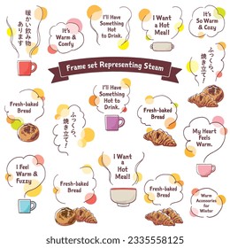 Frame set Representing Steam. Translation: “Warm drinks Available. Plump, Freshly baked!“