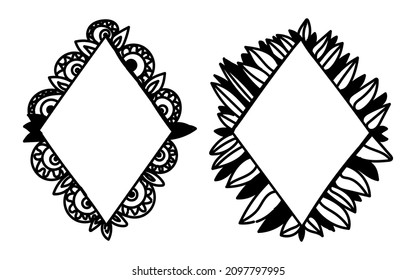 Conjunto de marcos. Marco de Rhombus, bordes de doodle para la fiesta, diseño de decoración de cumpleaños. Marcos con diferentes decoraciones de hojas, patrones y plumas. Isolación de ilustraciones negras planas vectoriales.