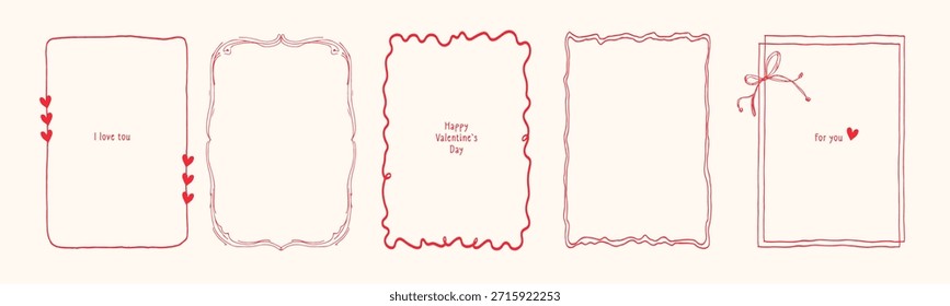 Conjunto de marco en estilo de arte de línea simple para el día de San Valentín. Estilo de boceto dibujado a mano de Colección de marco minimalista. Borde de contorno para Festiva, San Valentín, diseño de moda. Ilustración vectorial. No es IA