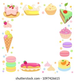 Frame with set of Sweet Confection: chocolate cake, pink and chocolate eclairs, ice-cream, meringues, macarons, sponge-cake, roulade, lemon tart, souffle cakes